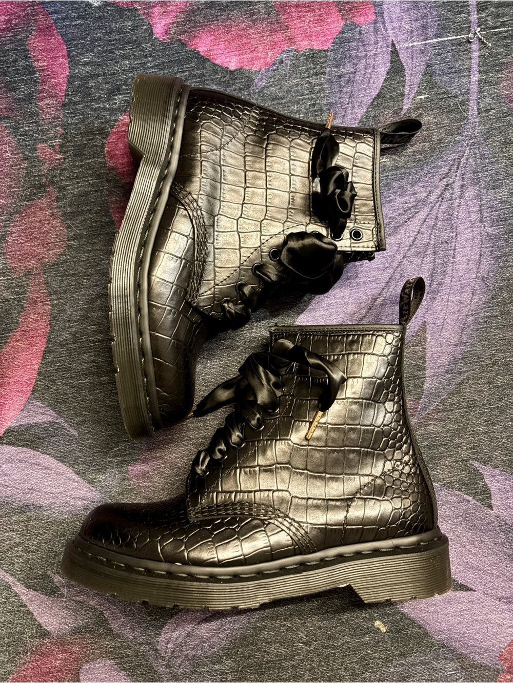 Women's Black Croc-Embossed Lace-Up Ankle Boots. WORN ONCE
